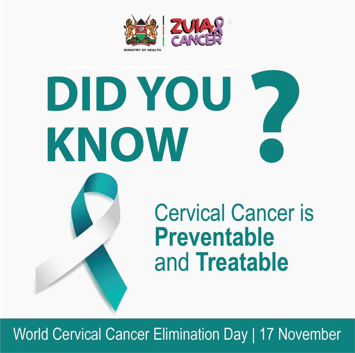 CancerProgramKE's tweet image. Today, 17 November, the world comes together to mark World Cervical Cancer Elimination Day.
Get informed, get screened, get vaccinated.
Act now. Eliminate cervical cancer.
#EndCervicalCancer
#HealthForAll
#ZuiaCancer