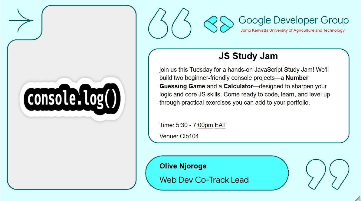 gdgcampusJKUAT's tweet image. Hello Web developers
Join us tomorrow for another exciting javascript studyjam,getting to build your first beginner-friendly app
RSVP: gdg.community.dev/events/details…

#javascript #WebDevelopment #html #css