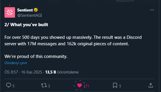 AtkarinEsa's tweet photo. ➜ After more than 500 days of effort and breaking multiple Discord activity records, Season 1 of the @SentientAGI project has come to an end.

➜ The contributions we’ve been making since early November will now count toward Season 2, marking the beginning of a new phase for everyone involved.

◆ There will be many changes moving forward new rules, new structures, and new expectations.

◆ To keep up, make sure to join the Discord server and check the announcement channel, or read through the thread in the post I quoted.

◆ The Claim page will be released later today, so stay ready and let's celebrate this milestone together on Discord

@scalpkripto @Kriptoloji123 @SentientTurkiye