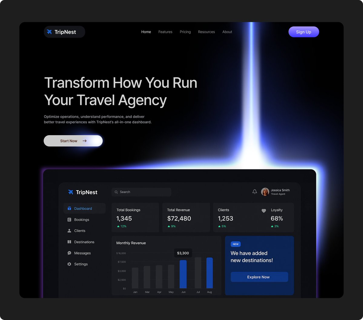 RebazTurab72584's tweet image. Just wrapped a sleek new hero section for TripNest — a travel management dashboard built to help agencies work smarter, not harder.

Clean UI. Bold lighting. Strong value prop.
Modern SaaS energy from the first fold. ⚡️
On to the next section. ✨
#UIDesign  #WebDesignHistory…