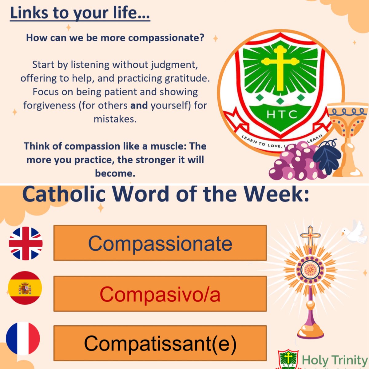 HolyTrinityCol's tweet image. Catholic Word of the Week: Compassionate
To be compassionate is to see Christ in others-especially in their suffering-and to respond with love. May we carry that mercy into every encounter this week. ✨🙏 #CatholicWordOfTheWeek