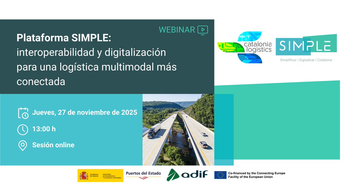 SimpleLogistica's tweet image. WEBINAR | ¿Cómo impulsa #SIMPLE la digitalización y la interoperabilidad logística? 

💻Te lo contamos el 27/11 a las 13:00 h en esta sesión online con el Clúster Catalonia Logistics (@ccatlogist)

Nuevas funcionalidades, módulos clave y más ➡️¡Inscríbete! lnkd.in/dbhGxFq5