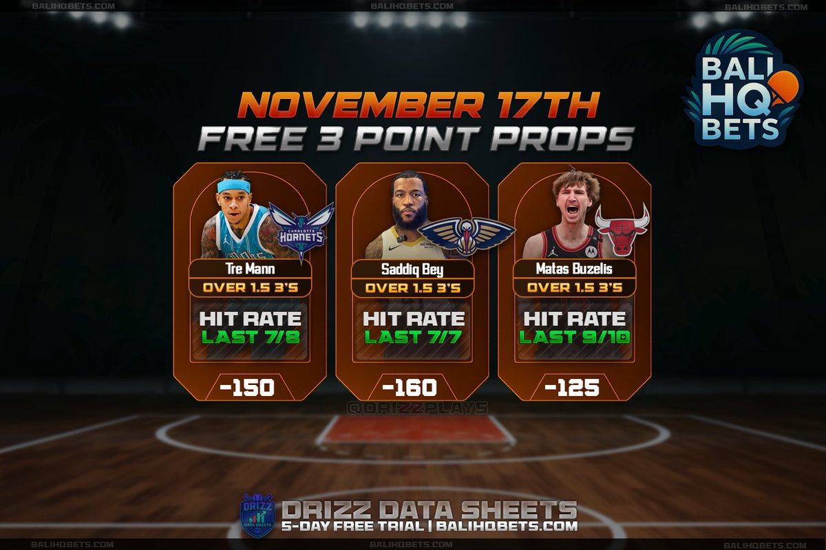 📈 FREE NBA 3-POINT PROPS — Nov 17th

🏀 Tre Mann – Over 1.5 3’s (-150)
🏀 Saddiq Bey – Over 1.5 3’s (-160)
🏀 Matas Buzelis – Over 1.5 3’s (-125)

Can we go b2b days on 3 pointers? 😈

📊 Full data sheets → BaliHQBets.com | <a href="/drizzplays/">drizz</a> 
(FREE 5-DAY ACCESS TO OUR