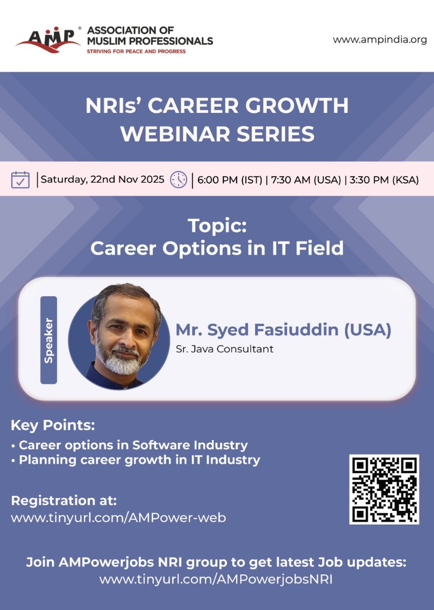 AmpIndia's tweet image. 🛫 𝐀𝐌𝐏 𝐍𝐑𝐈 𝐂𝐀𝐑𝐄𝐄𝐑 𝐆𝐔𝐈𝐃𝐀𝐍𝐂𝐄 𝐖𝐄𝐁𝐈𝐍𝐀𝐑 𝐒𝐄𝐑𝐈𝐄𝐒 🛬 
Webinar By AMPower NRI Team

𝐀𝐬𝐬𝐨𝐜𝐢𝐚𝐭𝐢𝐨𝐧 𝐨𝐟 𝐌𝐮𝐬𝐥𝐢𝐦 𝐏𝐫𝐨𝐟𝐞𝐬𝐬𝐢𝐨𝐧𝐚𝐥𝐬 (𝐀𝐌𝐏), in collaboration with 𝐀𝐌𝐏𝐨𝐰𝐞𝐫 𝐍𝐑𝐈 𝐓𝐞𝐚𝐦 invites you to an insightful session on: