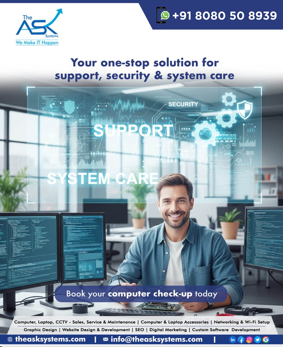 theasksystems's tweet image. 𝗢𝗻𝗲 𝗦𝘁𝗼𝗽 𝗗𝗲𝘀𝘁𝗶𝗻𝗮𝘁𝗶𝗼𝗻 𝗳𝗼𝗿 𝗥𝗲𝗹𝗶𝗮𝗯𝗹𝗲 𝗦𝘂𝗽𝗽𝗼𝗿𝘁, 𝗦𝗲𝗰𝘂𝗿𝗶𝘁𝘆 𝗮𝗻𝗱 𝗖𝗼𝗺𝗽𝗹𝗲𝘁𝗲 𝗦𝘆𝘀𝘁𝗲𝗺 𝗖𝗮𝗿𝗲.

Book a computer check-up today and maintain consistent, hassle-free performance. 

#ITSupport #AMCSolutions  #NorthGoa  #ict_solutions