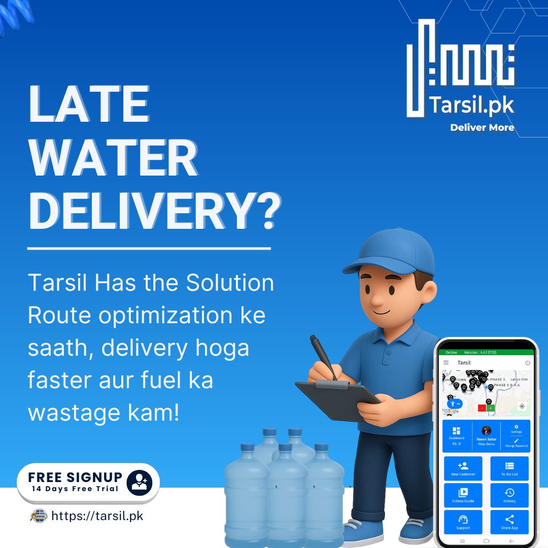 TarsilOfficial's tweet image. Tired of late water deliveries? 🚚💦 Tarsil&apos;s route optimization ensures faster delivery and less fuel wastage! Start today and experience the difference. 🌟 #Tarsil #WaterDelivery #RouteOptimization #SmartSolutions #Efficiency #FuelSaving #FastDelivery #BusinessGrowth