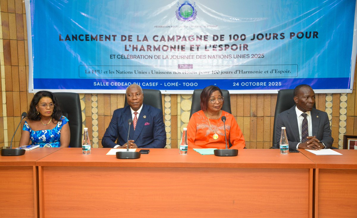 UPFAfrica's tweet image. On the occasion of the launch of the 100 Days of Harmony and Hope Campaign and the celebration of United Nations Day, on October 24, 2025 in Lomé, the Universal Peace Federation – Africa (UPF Africa) honored three Togolese personalities for their commitment to peace:

Hon. Ayao…