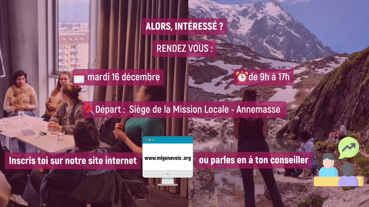 🥾 Le 16/12, journée d’échanges avec les jeunes suivis à Annemasse !
Une randonnée pour partager idées, besoins et retours afin d’améliorer nos actions.
 ℹ️ inscription à mlgenevois.org/inscription-au…
#MissionLocale