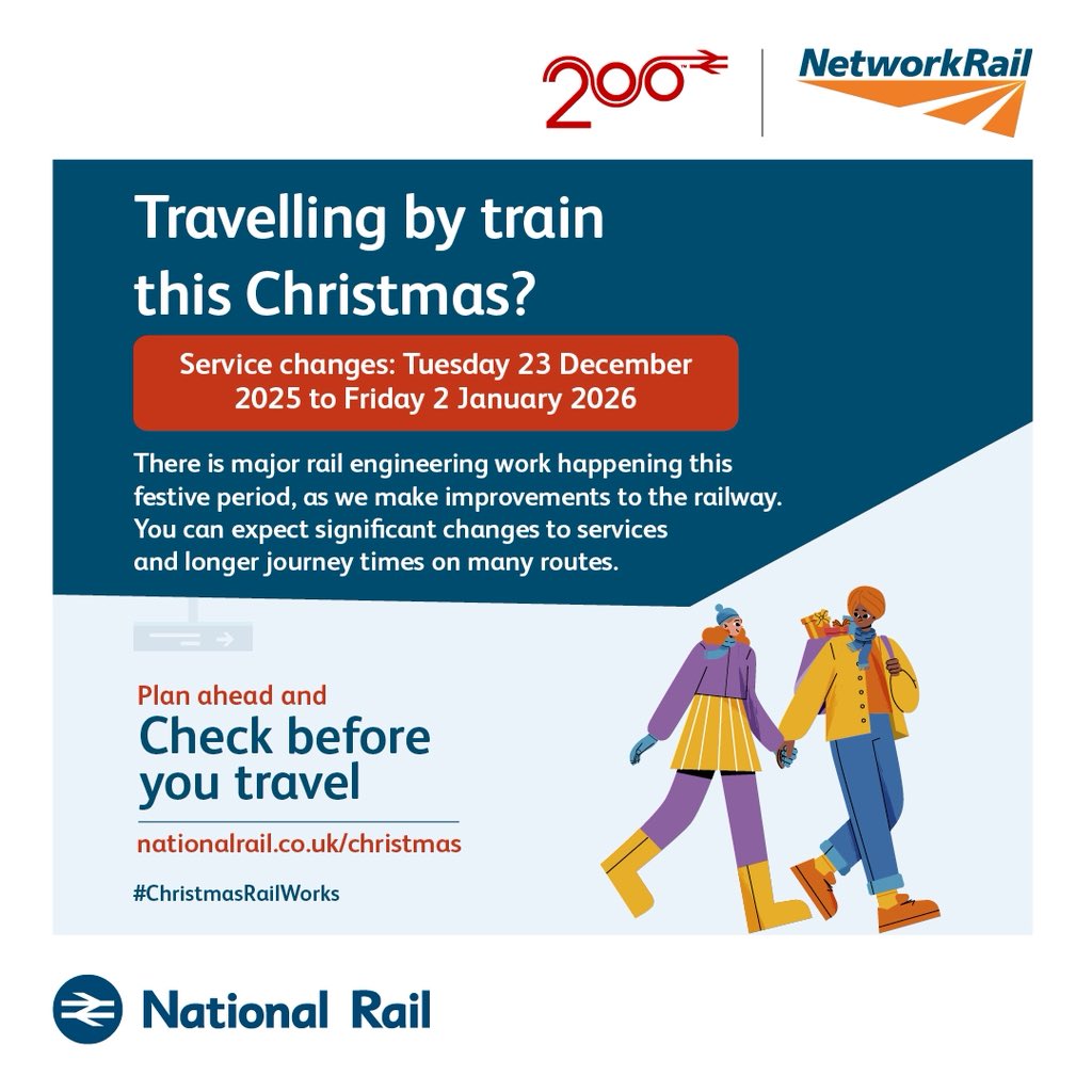 NetworkRailMAN's tweet image. 🎄Heading home for #Christmas? 

From 23 December to 2 January, there’ll be engineering work across the railway which could mean changes to services and longer journeys

Please plan ahead and check nationalrail.co.uk/christmas before you travel 

#NetworkRail