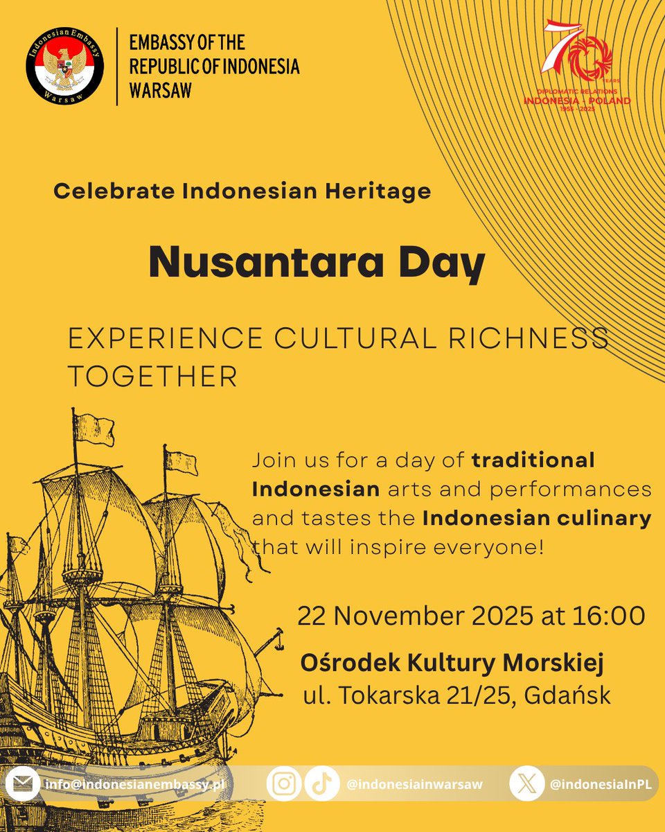 IndonesiaInPL's tweet image. The Embassy of Indonesia in collaboration with National Museum Maritime Gdańsk invites you to celebrate Dzień Nusantara / Nusantara Day 🇮🇩 at the National Museum Maritime Gdańsk, 
ul. Tokarska 21/25 Gdansk,
22 November 2025 🎉
Please RSVP to promocja@nmm.pl