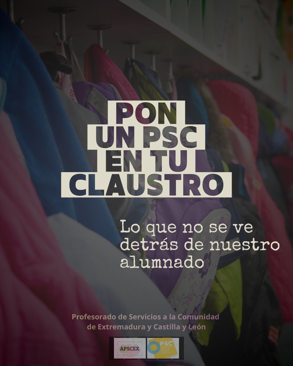 Las asociaciones de Profesorado de Servicios a la Comunidad de Castilla y León <a href="/psccyl/">Asociación Profesorado de Servicios a la Comunidad</a> y de Extremadura lanzan conjuntamente la iniciativa: "PON UN PSC EN TU CLAUSTRO"
#PSC #ServiciosAlaComunidad #EducaciónInclusiva #PSCCyl #APSCEX #EducaciónPública #OrientaciónEducativa