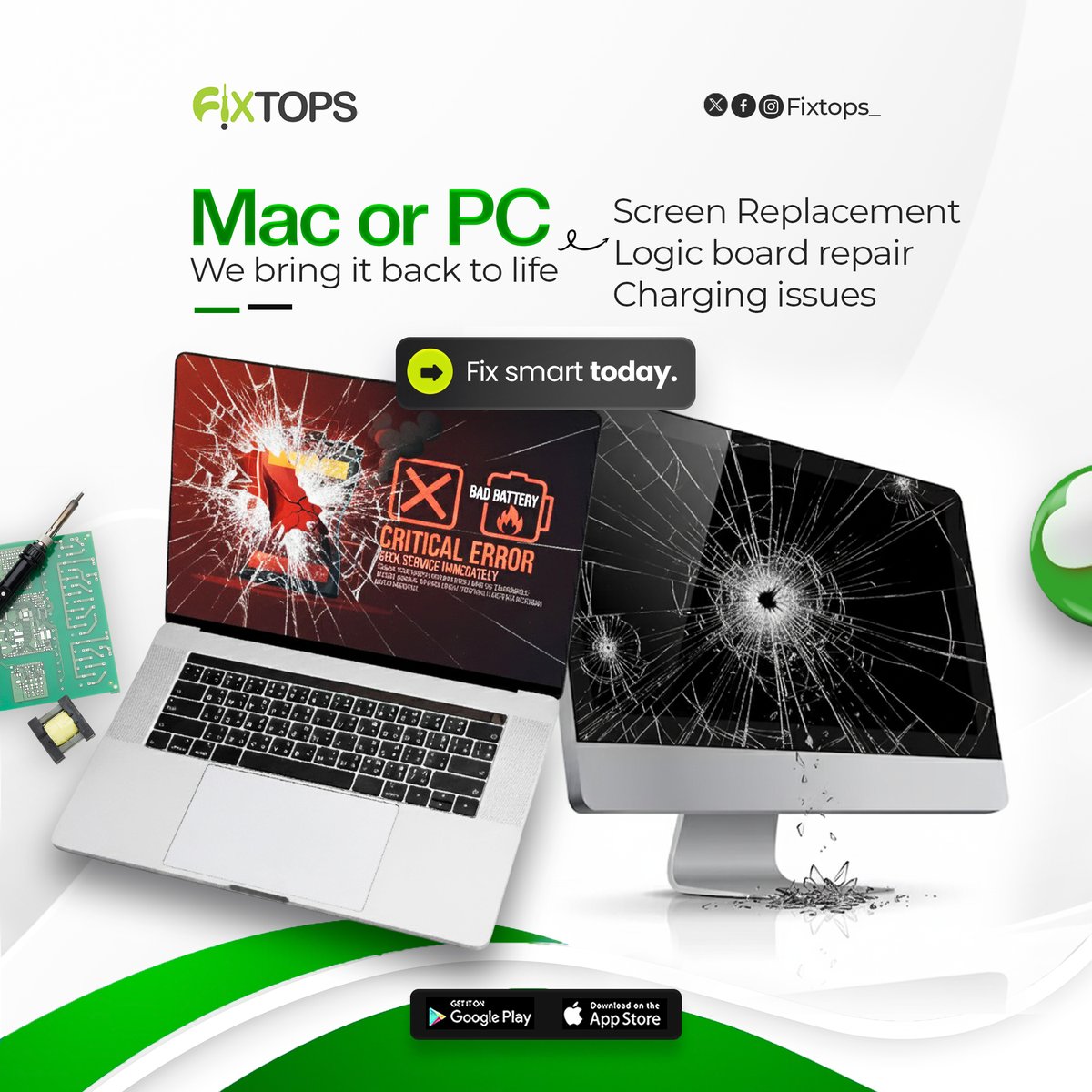 FixtopsMobile's tweet image. Mac or PC! We Bring It Back to Life
Your computer shouldn’t slow you down, Fix Smart Today with Fixtops.

Book your repair now on the Fixtops Mobile App.

#Fixtops #MacRepair #PCRepair #LaptopFix #LogicBoardRepair #ScreenReplacement #ChargingIssues #TechSupport