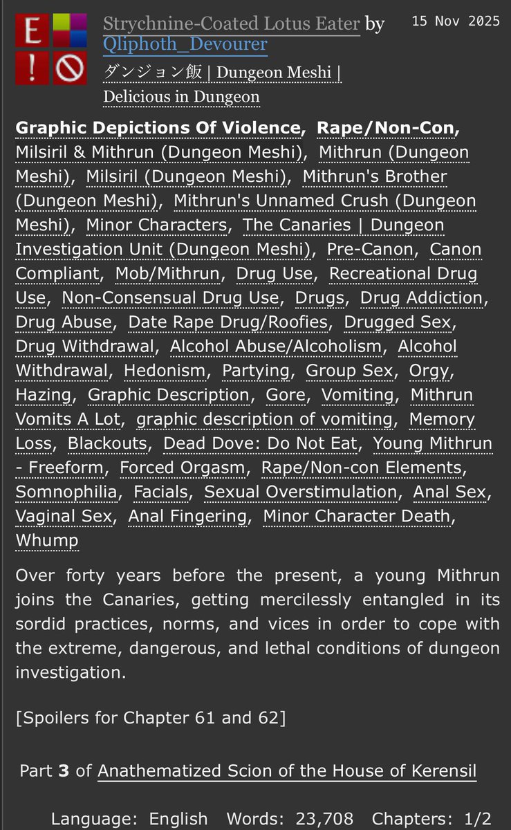 xingven's tweet photo. [18+ 🪦🕊️] 🔞 a dunmeshi novella fic about young mithrun and his happy and enjoyable time in the canaries

#mithrun #milsiril #dungeonmeshi #deliciousindungeon

https://t.co/tLiQltkGGx https://t.co/qUiLJyV9zI