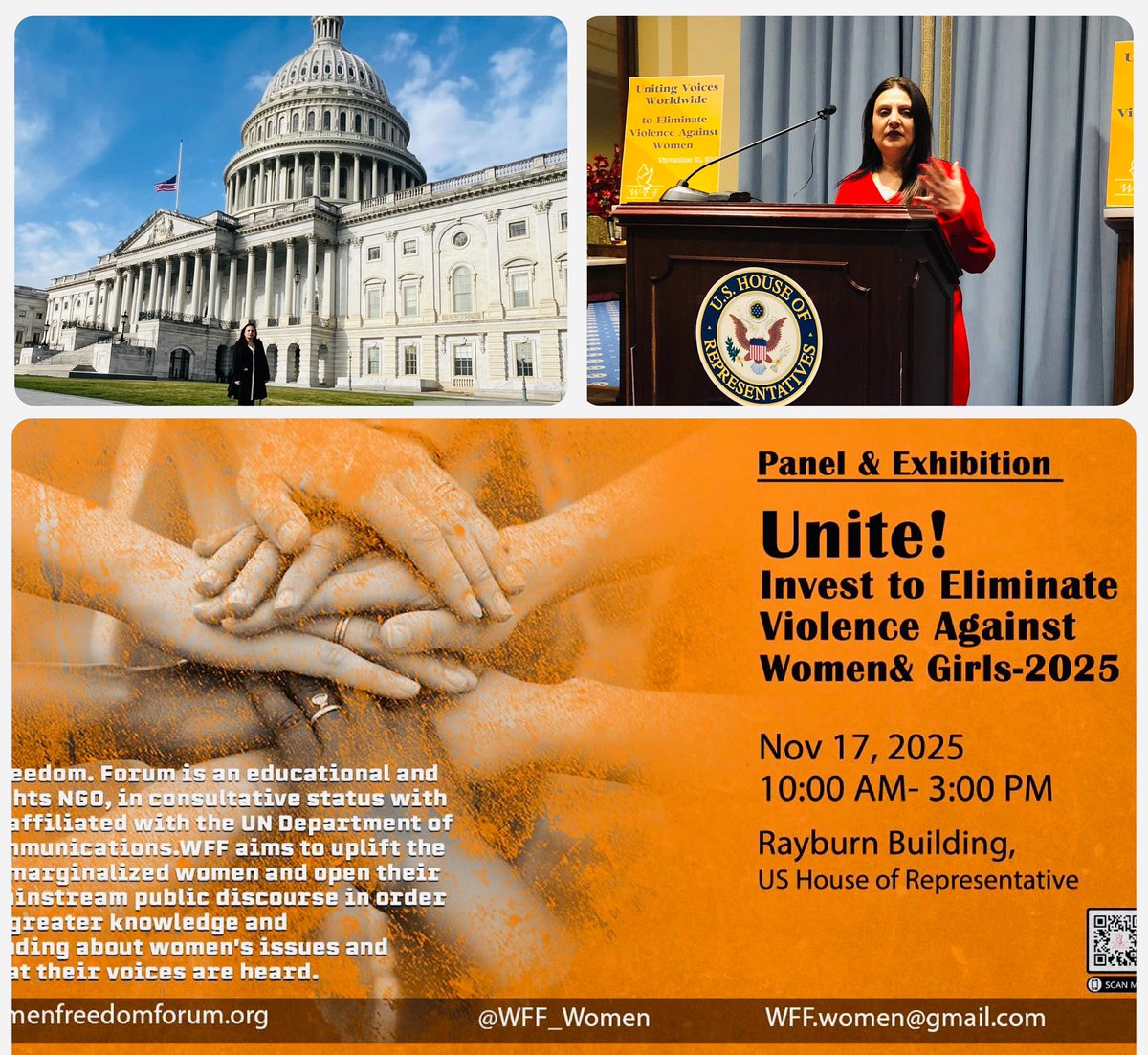 I am beyond excited to be delivering another  keynote at the U.S. House of Representatives on Capitol Hill in Washington, D.C. I look forward to supporting the <a href="/WFF_Women/">Women’s Freedom Forum</a> . I will be talking about ending violence against women and children globally ahead  the 16 Days of Activism