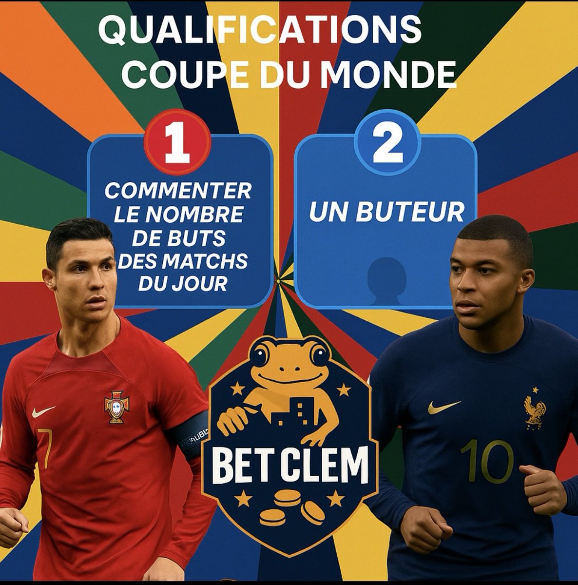 BetClem_'s tweet image. JEU CONCOURS 🎁 SPÉCIAL #WorldCupQualifiers 🌍🏆

POUR PARTICIPER 👇
1️⃣ Trouver le nombre de buts des 6 matchs du jour
2️⃣ Trouver un buteur 
Exemple : 21 buts et 🇳🇱 M. Depay 
👉 RT ♻️/♥️
👉 Follow @BetClem_

2x10€ EN CASH À REMPORTER ! 💸 (PAYPAL)

🎁 PROFITEZ DE LA MOITIÉ DE…