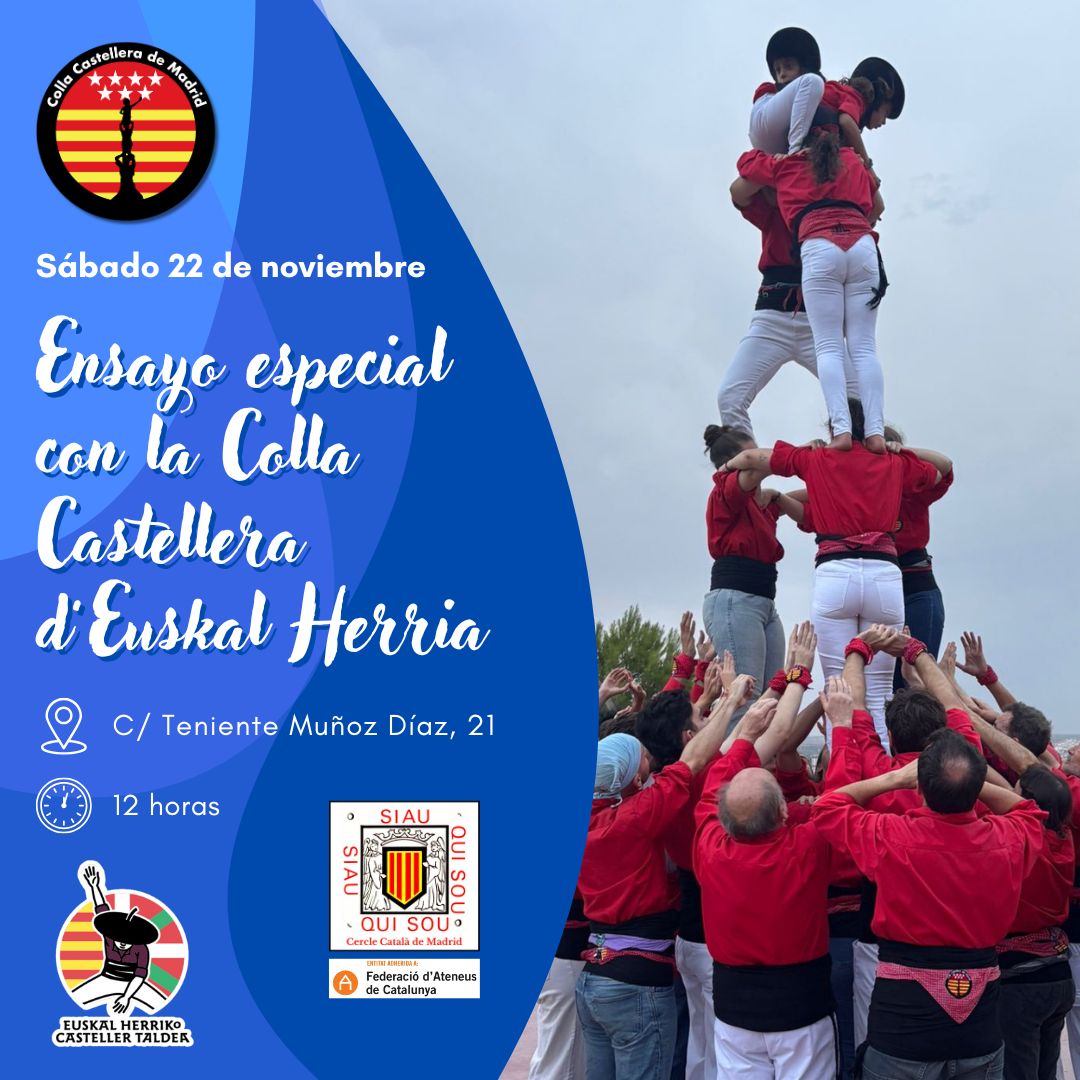 🤗 Colla, este sábado tendremos ENSAYO CONJUNTO con los <a href="/castellersEH/">Euskal Herriko Casteller Taldea</a> a las 12h en nuestro local 😻
Después: Comida, taller de Ball de Bastons y de Euskaldanza 💃🥁
Un día para compartir y disfrutar del ambiente casteller 🙌 ¡Ven!
📍 C/ Teniente Muñoz Díaz, 21
🗓️ 22 de noviembre