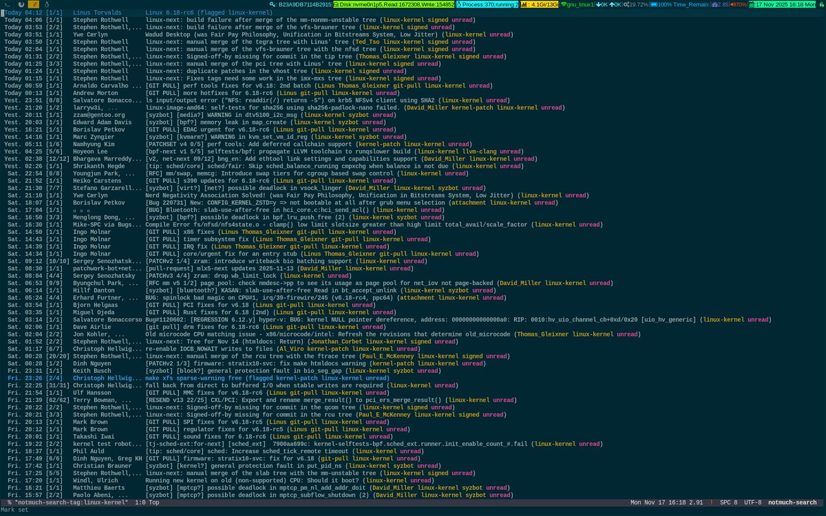 unixbhaskar's tweet image. While sipping hot lemon tea 🍋🫖 and giving this damn thing a stare ...😜

#linuxkernel #mailinglist #tool #emacs #notmuch #opensource