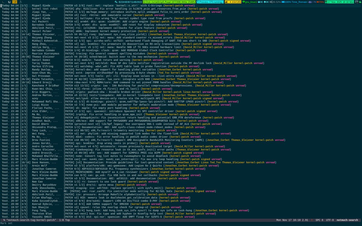 unixbhaskar's tweet image. While sipping hot lemon tea 🍋🫖 and giving this damn thing a stare ...😜

#linuxkernel #mailinglist #tool #emacs #notmuch #opensource