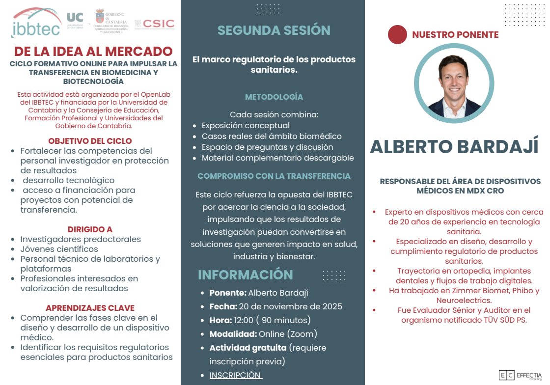 IDIVALdecilla's tweet image. 🧬 2ª sesión del ciclo “De la idea al mercado” en el OpenLab del @IBBTEC para profundizar en regulación de productos sanitarios.

📅 20 de noviembre a las 12:00. Actividad online y gratuita. 

✍️ Inscripción previa: lnkd.in/dQn22Vuf@IBBTEC