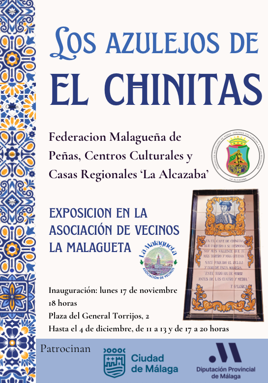 Los Azulejos de El Chinitas, recuperados por la Federación Malagueña de Peñas, se podrán contemplar desde esta tarde en la sede de la <a href="/aavvmalagueta/">Asociación de vecinos la Malagueta</a>.

Exposición abierta hasta el 4 de diciembre en Plaza del General Torrijos, 2.

Más información 👇