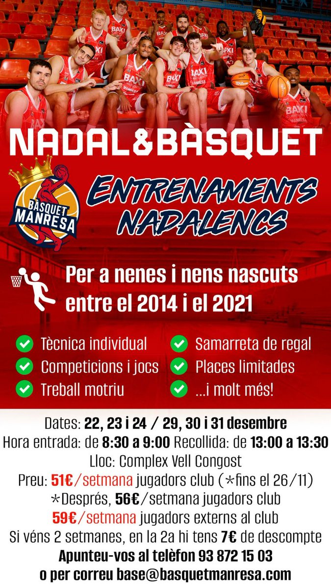 🏀 𝐍𝐚𝐝𝐚𝐥 &amp; 𝐁à𝐬𝐪𝐮𝐞𝐭 𝐚𝐥 𝐁à𝐬𝐪𝐮𝐞𝐭 𝐌𝐚𝐧𝐫𝐞𝐬𝐚! 
Entrenaments nadalencs per a nenes i nens nascuts entre 2014 i 2021.

✍️𝐈𝐧𝐬𝐜𝐫𝐢𝐩𝐜𝐢𝐨𝐧𝐬: 
📞 93 872 15 03
📧 base@basquetmanresa.com
🔗 Omplint el formulari de la bio

#MadeinManresa