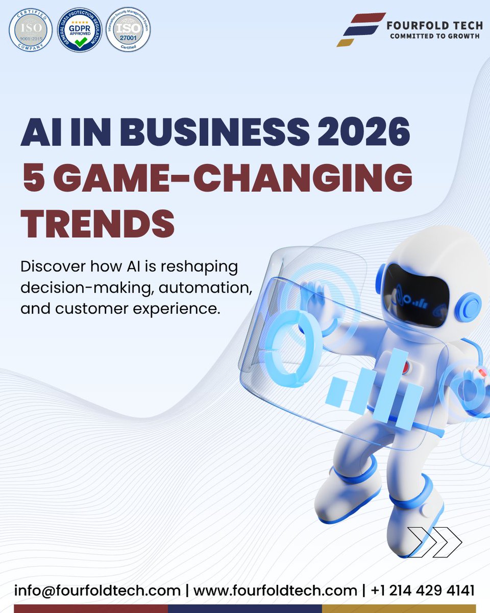 FourfoldTech's tweet image. AI in Business 2026: 5 Game-Changing Trends

#AITrends2026 #DigitalTransformation #BusinessGrowth #ArtificialIntelligence #Automation #PredictiveAnalytics #Innovation #FutureReady #FourfoldTech #SmarterGrowth