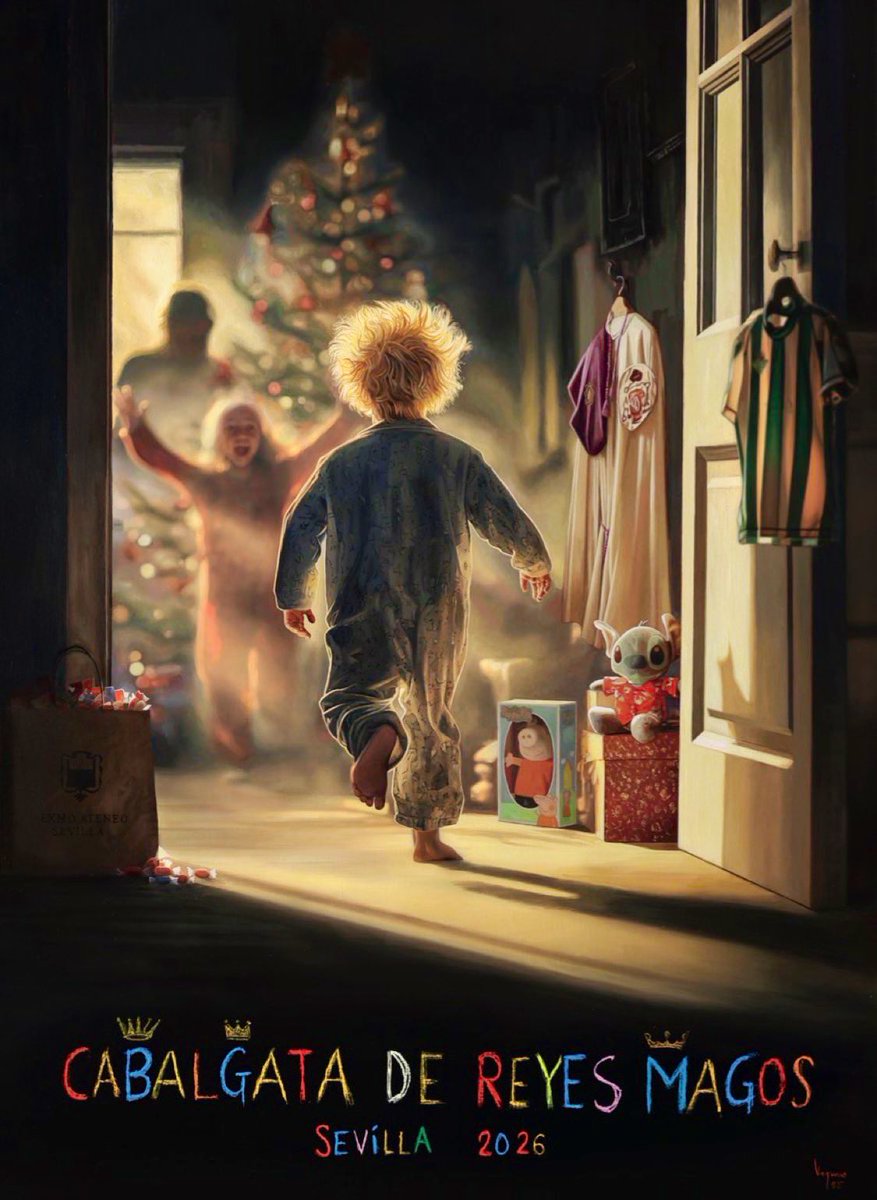 PabloLastrucci's tweet photo. Pues a mí este cartel de @VaqueroValeroF me recuerda a mi infancia. Desprende ilusión y muestra el ambiente que se vive en cualquier hogar de Sevilla el 5-6 de enero.  ¡Mi enhorabuena! @ateneodesevilla https://t.co/pxbyWsvMJS