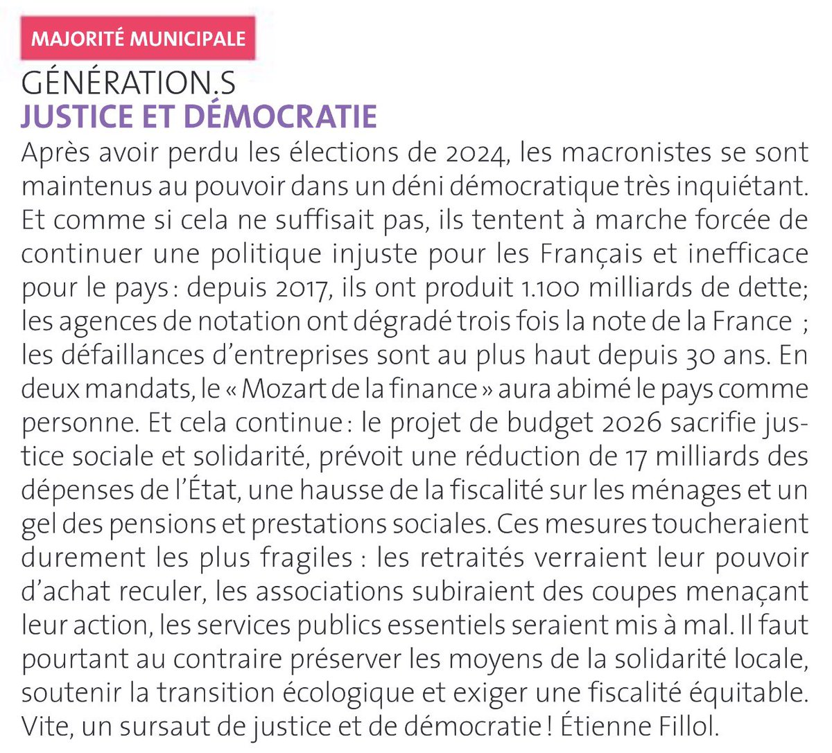 GenerationsAVMA's tweet image. ⭕ « Vite un sursaut  de justice et de démocratie ! »

⬇️ La tribune du groupe @GenerationsMvt dans le bulletin municipal d'#Alfortville - novembre 2025.

@etienne_fillol
⬇️