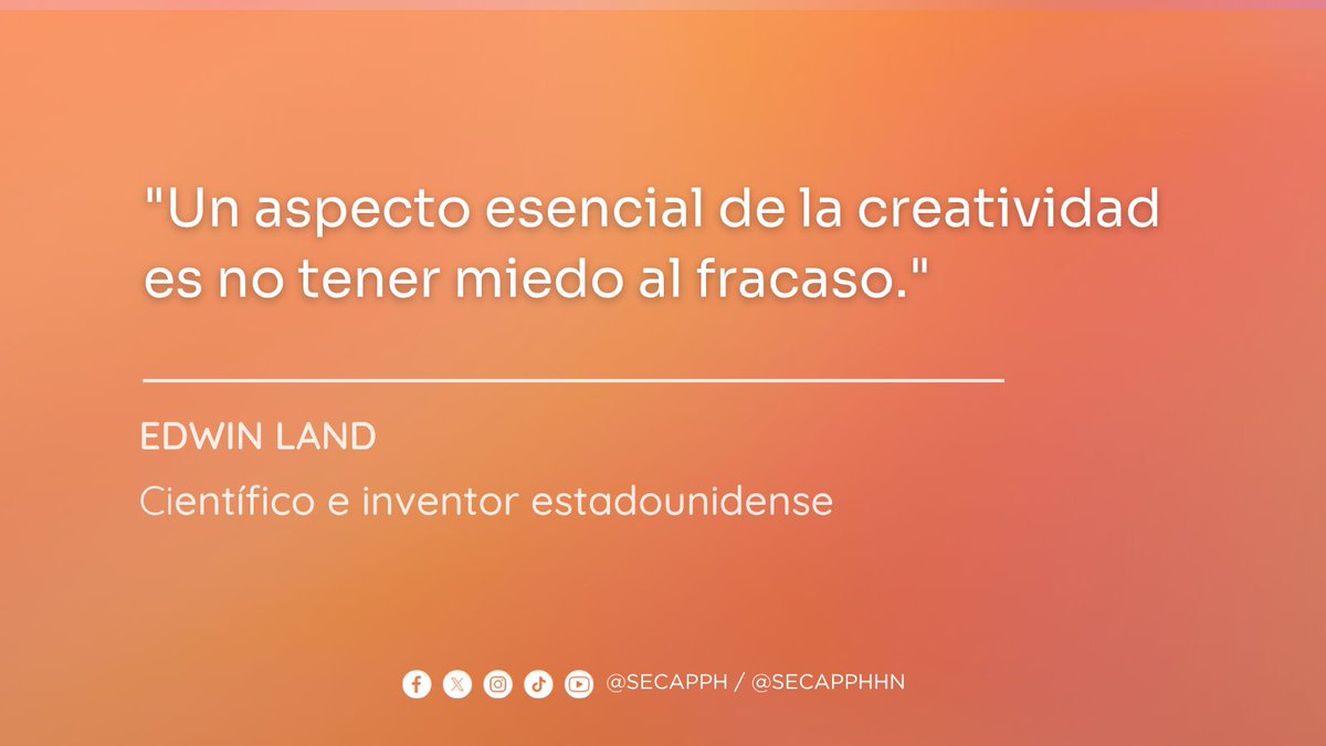 SECAPPH's tweet image. #SecapphHoy ​💡 El ingrediente secreto de la creatividad: No temer al fracaso.

​Como dijo Edwin Land: &quot;Un aspecto esencial de la creatividad es no tener miedo al fracaso.&quot;

​¡Arriésgate, experimenta y aprende!

#FraseDelDia #SECAPPH 
​#Creatividad #Innovación #MiedoAlFracaso