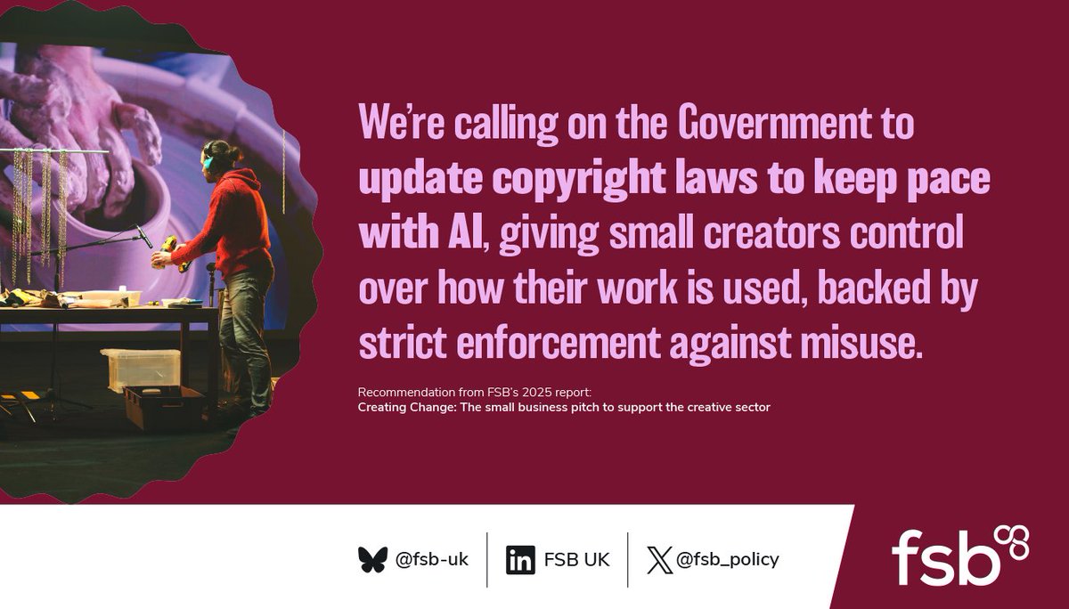 fsb_policy's tweet image. Our latest report, #CreatingChange, outlines a number of recommendations to Government about how they can support small creative businesses, including:

🎨  Reforming copyright laws to keep pace with AI, giving small creators control over how their work is used.

🛡️  Protecting…