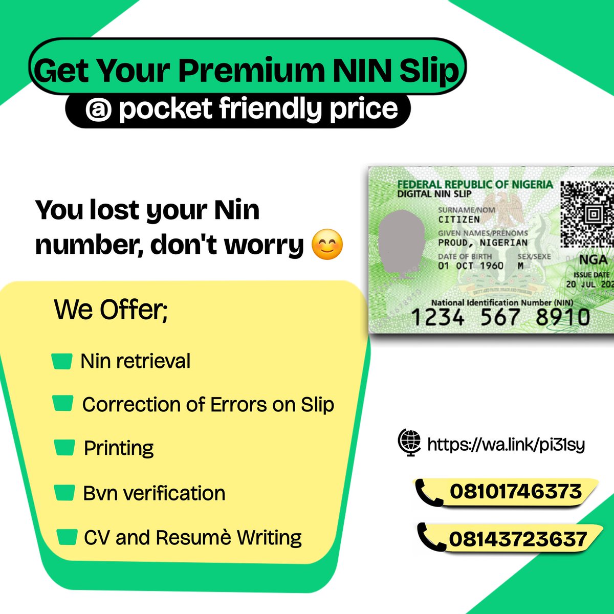 IsmailAsmau3's tweet image. STOP IT 🛑

Stop using paper nin that could easily fade and rough with time ❌

Get a secured plastic nin from us today
It&apos;s safe, waterproof, and flat, easy to keep in wallet  ✅

Click the link below to get yours 
👇👇👇
 wa.link/pi31sy

 at affordable price 🤌