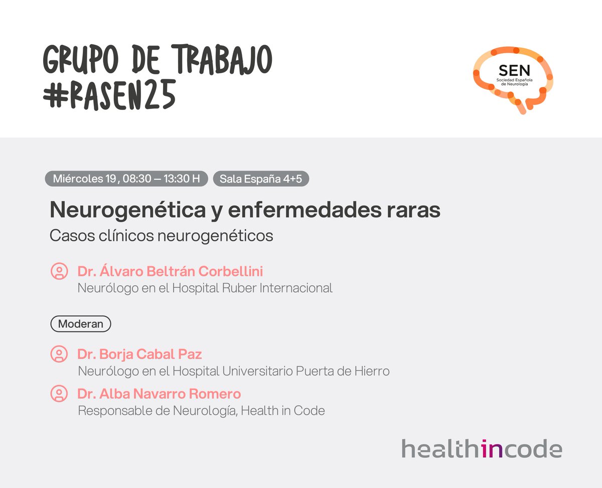 health_in_code's tweet image. 🧠 Grupo de Trabajo de Neurogenética y Enfermedades Raras.
🗓️ Miércoles, 19 de noviembre 🕐 08:30 - 13:30 H
 🥼 Alba moderará, junto al Dr. @BorjaCabal, la presentación de casos clínicos neurogenéticos que realizará el Dr. Álvaro Beltrán Corbellini.

📄 Consulta el programa…