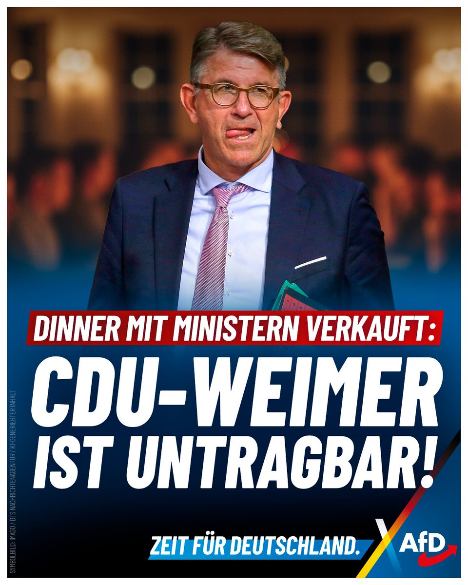 AfD's tweet photo. 80.000 Euro für ein Abendessen mit Ministern – Kulturstaatsminister Weimer verkauft über seine Firma exklusiven Zugang zu Regierungsmitgliedern. CDU-Kanzler Merz schweigt dazu. Minister Weimer ist untragbar! https://t.co/6A5pvd78iD