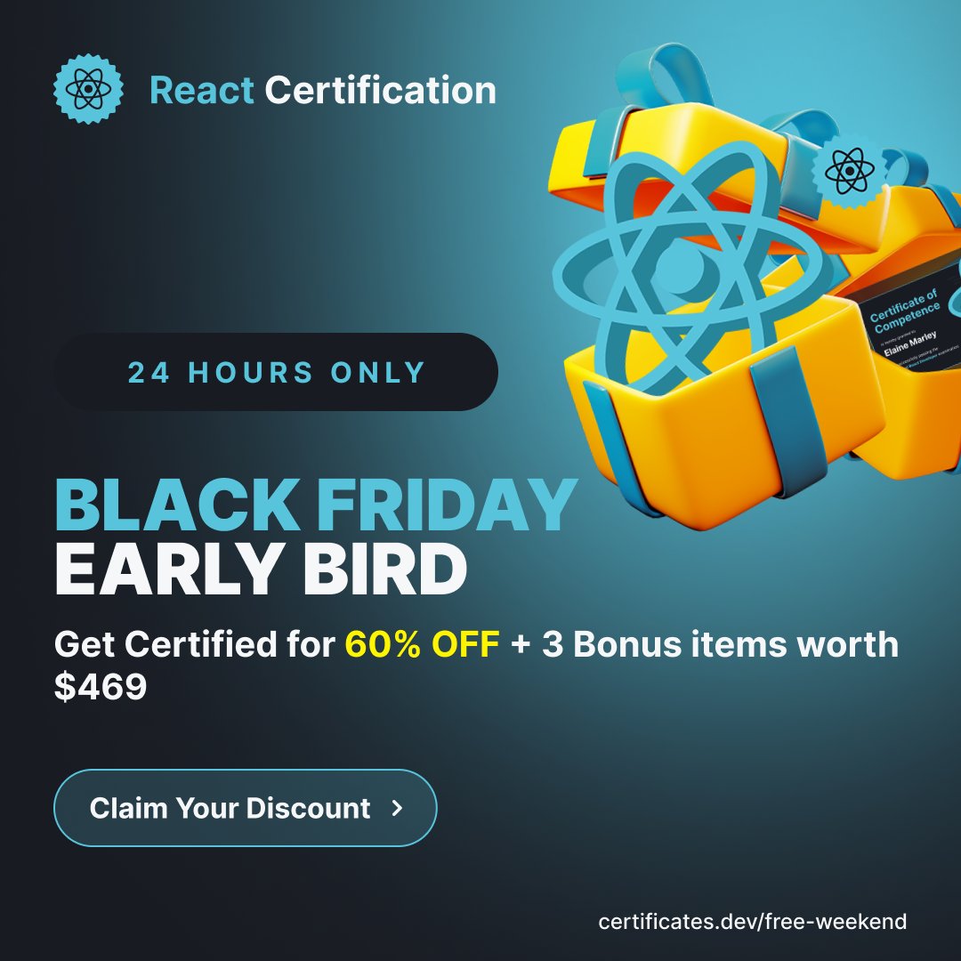 LaravelCert's tweet image. React Free Weekend is over.
React, JavaScript, Angular, Vue.js, and Nuxt certifications from @CertificatesDev are now up to 60% off.

Includes a Junior certification + two AI courses at no extra cost.

→ certificates.dev/#available-cer…
