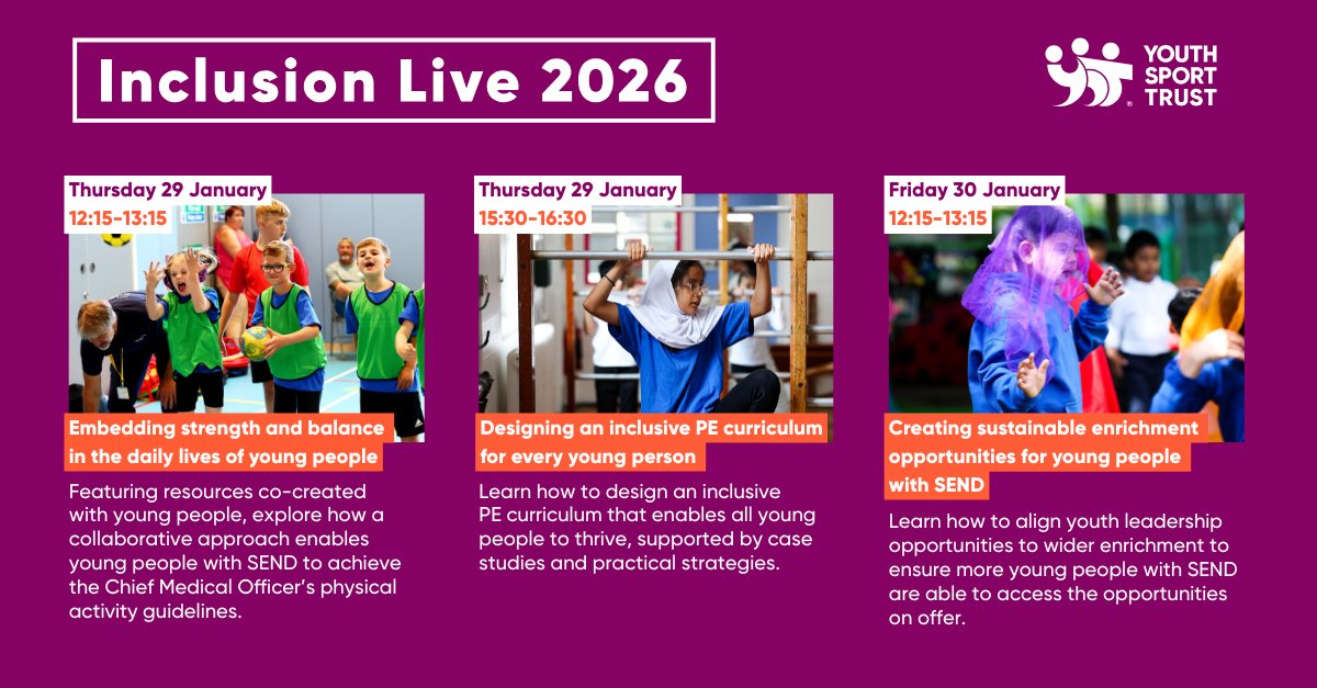 YouthSportTrust's tweet image. We're excited to share that you can now book onto Inclusion Live Week 2026! 🙌

Since 2022, we’ve hosted Inclusion Live Week – a series of virtual webinars aimed at equipping practitioners with the knowledge, skills, and confidence to deliver meaningful and inclusive experiences…