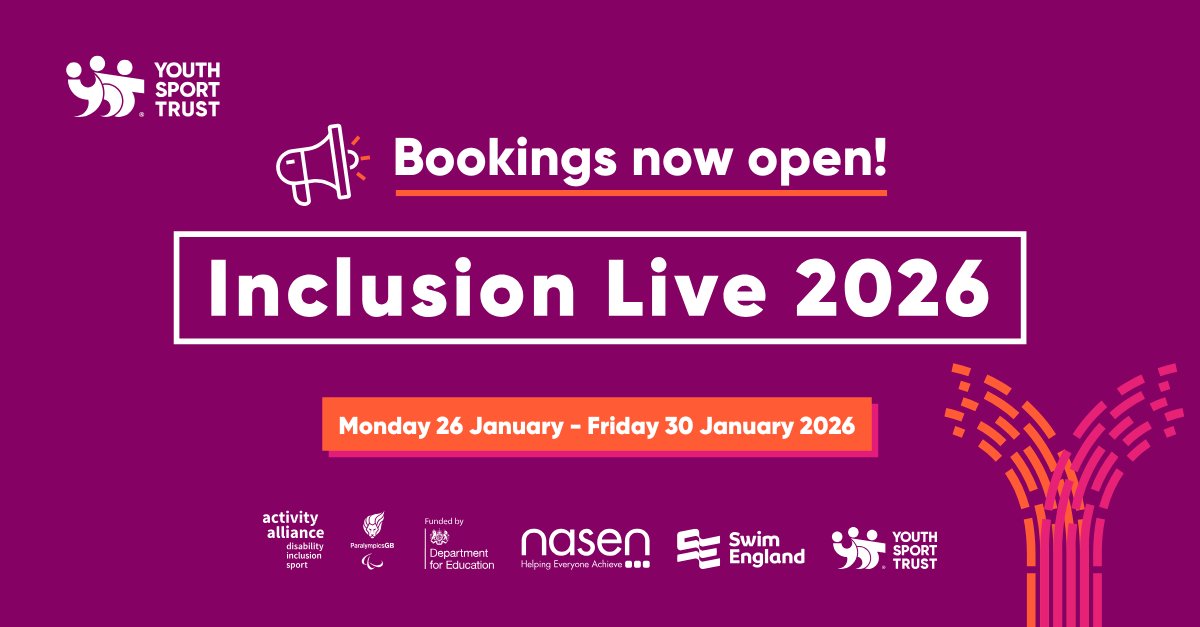 YouthSportTrust's tweet image. We're excited to share that you can now book onto Inclusion Live Week 2026! 🙌

Since 2022, we’ve hosted Inclusion Live Week – a series of virtual webinars aimed at equipping practitioners with the knowledge, skills, and confidence to deliver meaningful and inclusive experiences…