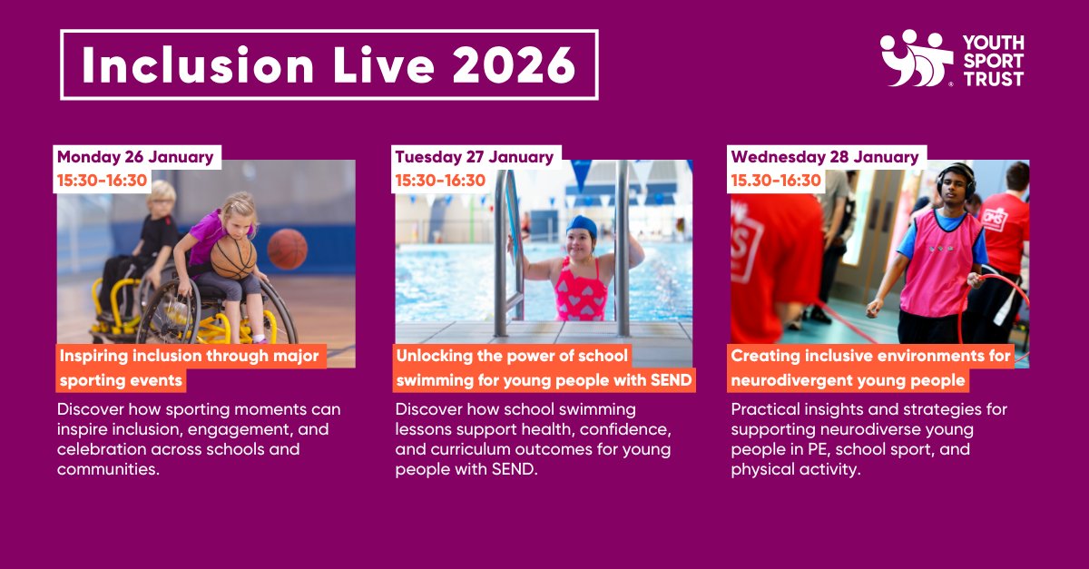 YouthSportTrust's tweet image. We're excited to share that you can now book onto Inclusion Live Week 2026! 🙌

Since 2022, we’ve hosted Inclusion Live Week – a series of virtual webinars aimed at equipping practitioners with the knowledge, skills, and confidence to deliver meaningful and inclusive experiences…