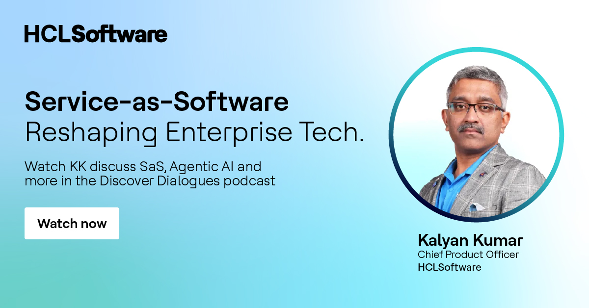HCLSoftware's tweet image. Kalyan Kumar (@kklive) joined Vikramsinh Ghatge at @TechDogs_Inc  podcast to discuss #ServiceasSoftware (SaS), how Agentic AI is reshaping enterprise tech &amp;amp; introduced &quot;co-opetition,&quot; where competing and cooperating drive value. 
Watch: hclsw.co/jfptno
#HCLSoftware
