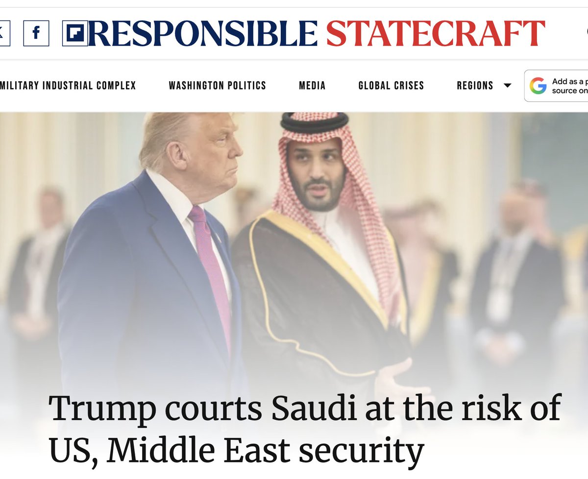 RStatecraft's tweet photo. NEW @seth_binder @MideastDC  @WilliamHartung: The Saudi Crown Prince will be getting the royal treatment at the White House on Tuesday and we all have to ask, why? 
The answer will not satisfy. (full below) https://t.co/LH3CXobLtJ