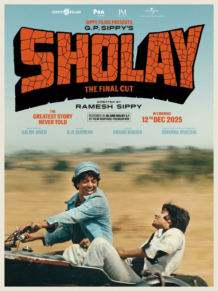 PenMovies's tweet photo. “Yeh Dosti Hum Nahin Todenge”
’Sholay: The Final Cut’ - In cinemas 12th Dec 2025
Experience the original uncut version for the first time ever, restored in 4k and Dolby 5.1 by Film Heritage Foundation
@sippyfilms @FHF_Official @UMusicIndia #PenStudios #Sippyfilms #PenMarudhar #sholay #sholaythefinalcut #filmheritagefoundation #universalmusicindia