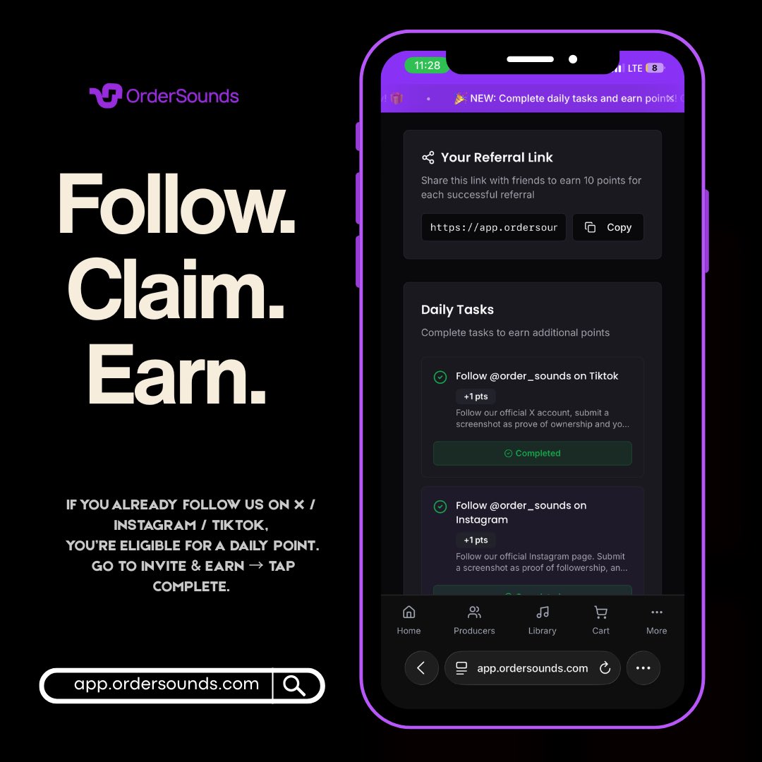 Ordersounds's tweet photo. You follow us? You have point waiting!
Visit Invite & Earn on the app and claim your daily point. #Ordersounds https://t.co/xGxC2cwU2k