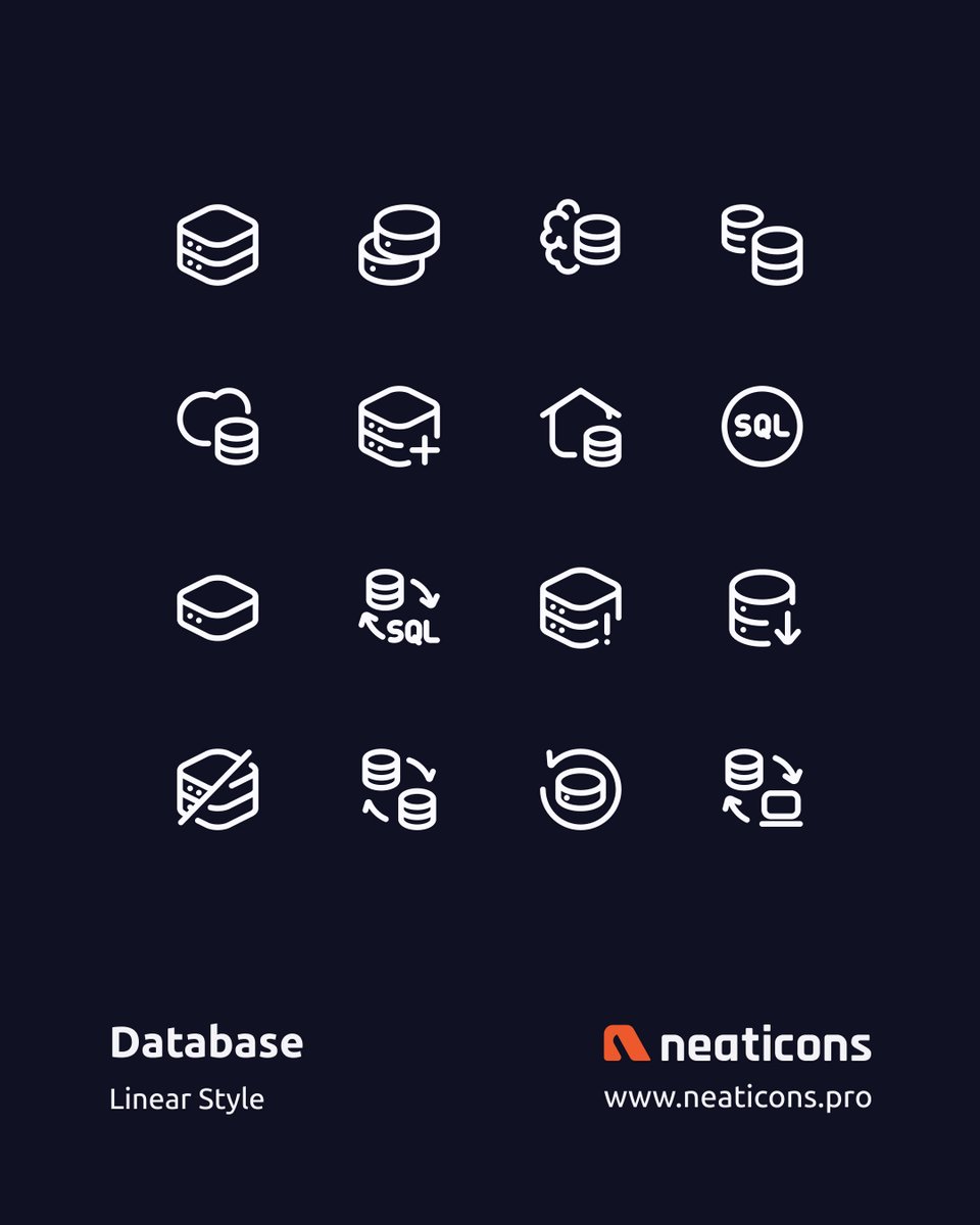neaticons_pro's tweet image. A collection of symbols representing data storage, servers, cloud databases, data management, and structured information systems. Ideal for dashboards, technical documentation, analytics tools, and IT-related interfaces.
Follow @neaticons_pro 

#database #icons #icon #storage