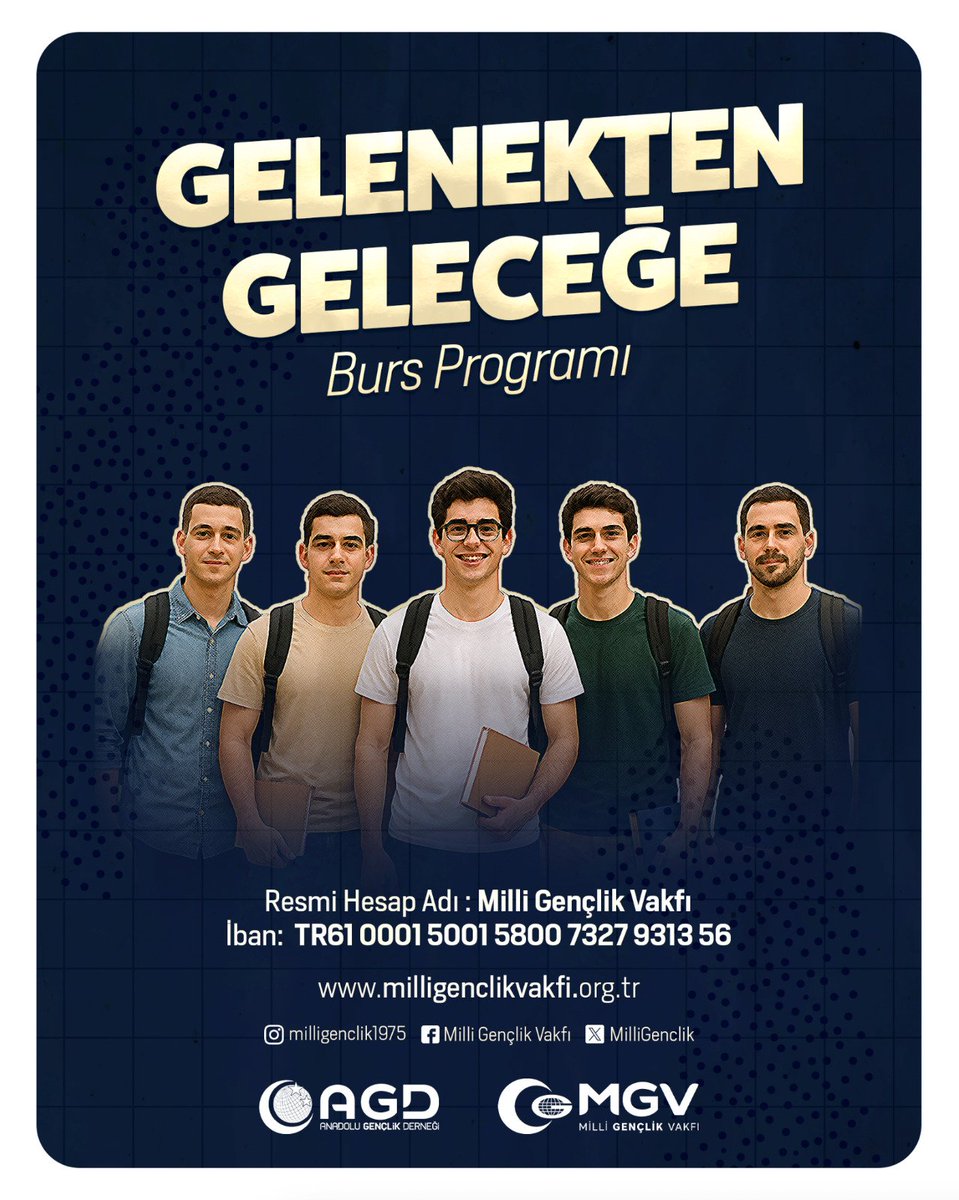 📍Gelenekten Geleceğe Burs Programına Destek Ol!

Resmi Hesap Adı: Milli Gençlik Vakfı

Iban: TR610001500158007327931356

Online Bağış 👇
milligenclikvakfi.org.tr/bagis-al?bagis…

#BirYıldızınİzinde
#İkinci50Yıl