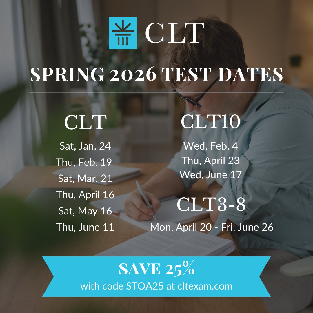 StoaTweets's tweet image. Registration is open for all of CLT’s spring semester test dates! Taken at home, CLT exams can be used for college admissions, scholarships, understanding academic strengths, and fulfilling state requirements. Register today at cltexam.com. 
CLT is a paid sponsor