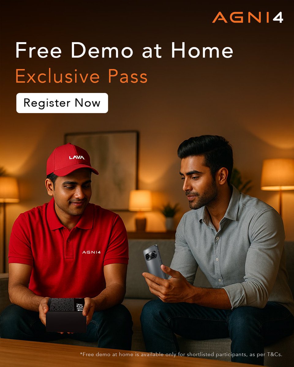GarvKhatri09's tweet photo. Lava is doing this crazy thing where you can actually try the AGNI 4 at home before it launches 🔥
If you wanna try your luck, just register here: https://t.co/upXsK6goGj
Use my code GK4884 when you register
(Delhi/Mumbai/Bengaluru | 20–24 Nov) https://t.co/2NbqSOjF00