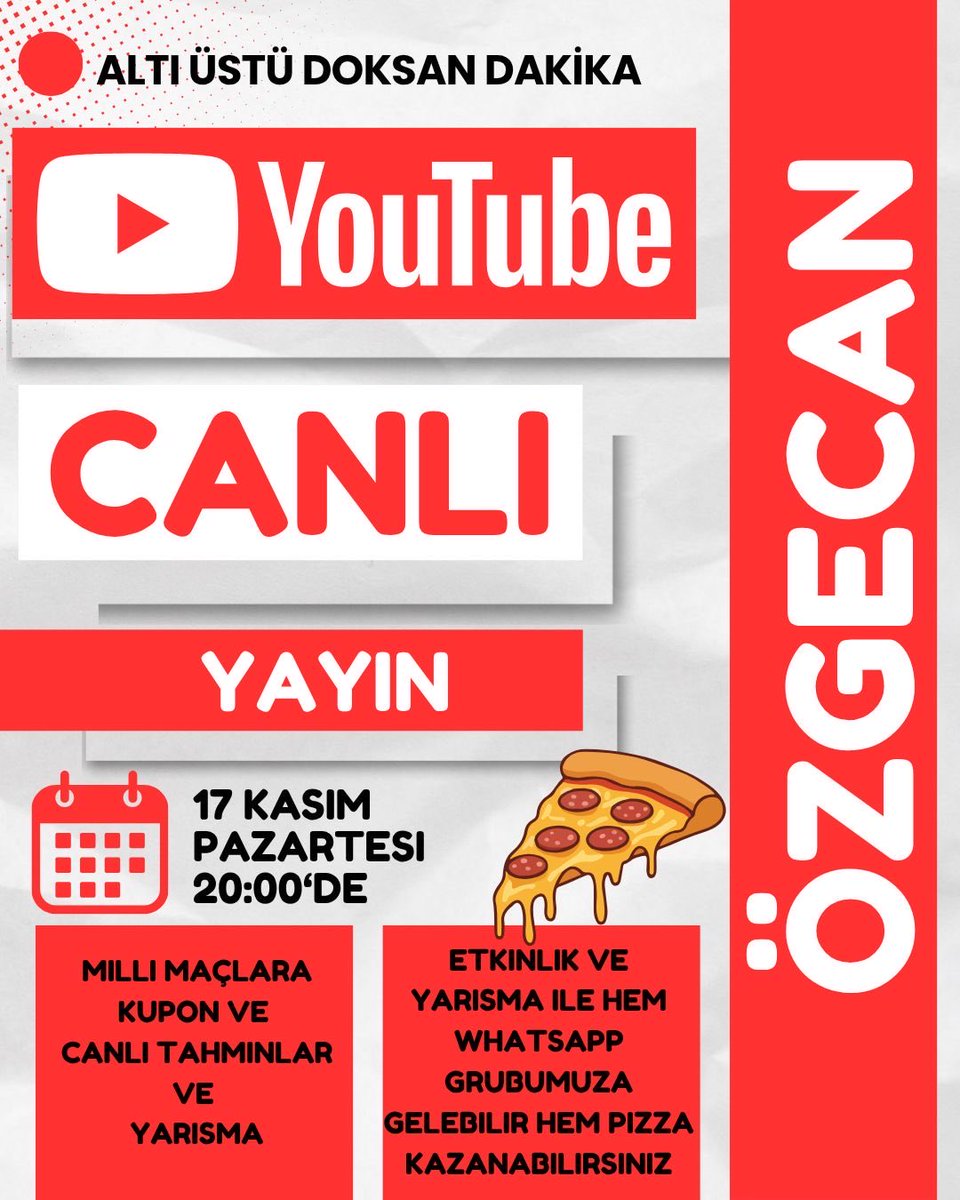 🔥 Bu akşam YouTube’da CANLI yayındayız!
Hem milli maçlara kupon + canlı tahminler, hem de eğlenceli yarışmalar sizleri bekliyor!

🍕 Yarışmaya katılıp pizza kazanabilir,
📲 Aynı zamanda VIP WhatsApp grubumuza 10 günlüğüne ÜCRETSİZ dahil olabilirsiniz!

Ailecek izler gibi samimi,
