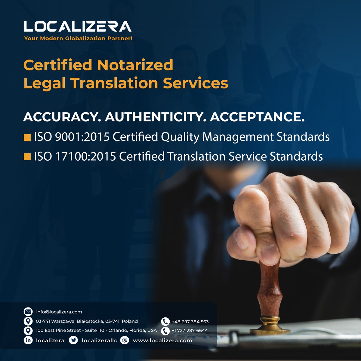 localizerallc's tweet image. Legal translation demands trust. Localizera delivers certified, notarized translations compliant with ISO 17100 &amp;amp; ISO 9001, standing up to scrutiny across Europe and worldwide.

shorturl.at/Rifqw
#LegalTranslation #CertifiedTranslation #Localizera