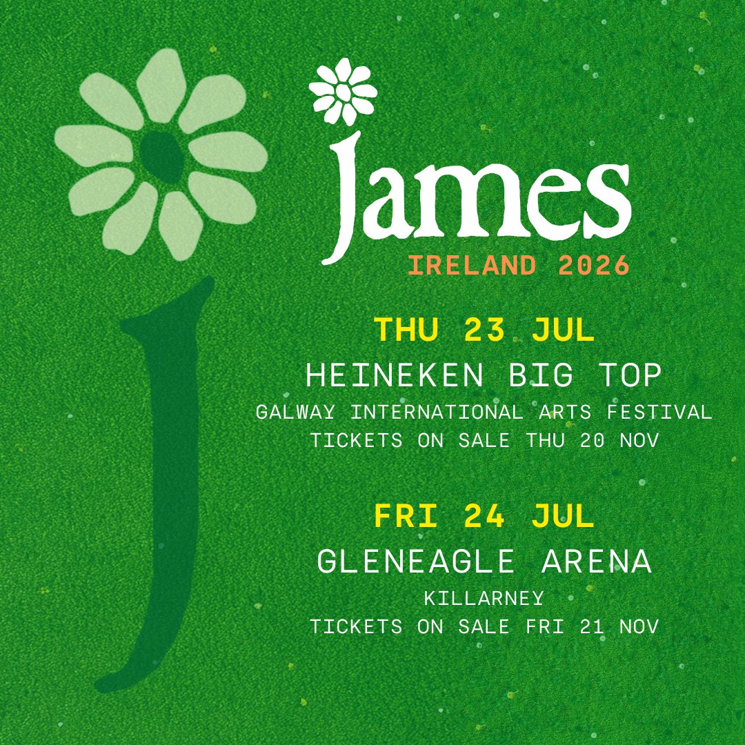 wearejames's tweet image. Very happy to announce two shows in Ireland next year - we're coming to Galway and Killarney in July. Tickets go live later this week, but sign up to our mailing list to access presale on Wednesday: wearejames.com/mailing-list/ NBL x

#James #Killarney #Galway