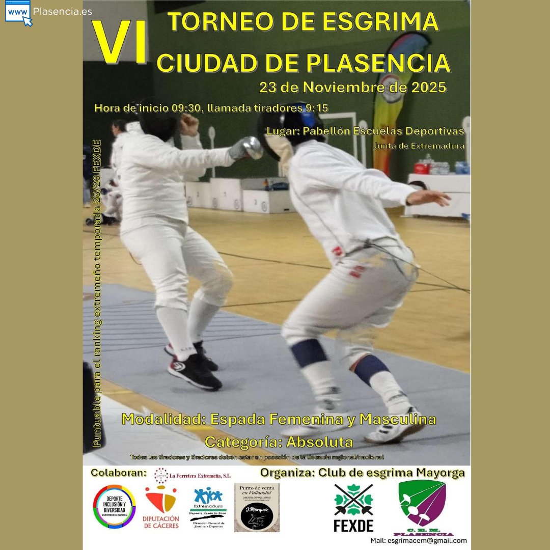 Ayto_Plasencia's tweet photo. 📅 23 de noviembre
🤺 VI Torneo de Esgrima “Ciudad de Plasencia”
📍 Pabellón Escuelas Deportivas
🕤 9:30 h — Entrada libre
45 tiradores/as de 7 ciudades y 8 clubes se reúnen en un torneo que este año puntúa para el ranking regional.
Plasencia sigue apostando por el deporte. 🏆 https://t.co/k6jGivmHkg