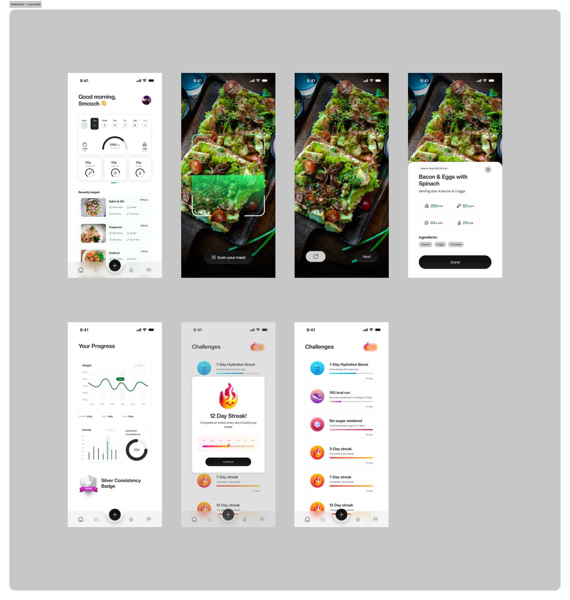 A peek into a project I’m working on (mobile app UI)

Intuitive, clean, and built for everyday wellness, here are few screens from the experience 👇

Dashboard, meal scanners, progress analysis and streak/challenges 🫰